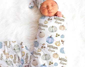 Blue Pumpkin Fall Baby Name Blanket, Baby Boy Name Swaddle, Autumn Swaddle Set, Girl Name Swaddle, Newborn Halloween Personalized Blanket