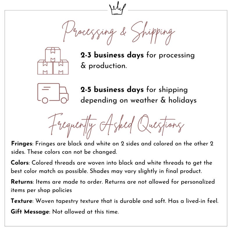May include: A graphic with text about processing and shipping times, and frequently asked questions. The text includes information about fringes, colors, returns, texture, and gift messages.