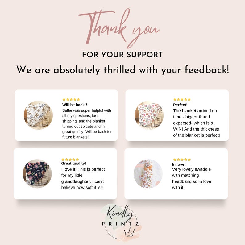 May include: Four customer reviews for a baby swaddle blanket. The reviews are all five stars and include positive comments about the quality, size, and softness of the blanket. The reviews also mention the fast shipping and helpful customer service.