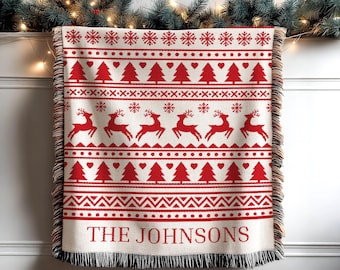 Personalized Family Name Blanket, Christmas Woven Throw with Last Name, Custom Family Gift for Grandparents, Mom, Holiday Housewarming Gift