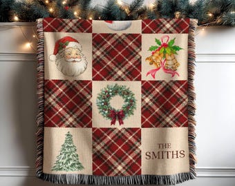 Custom Woven Christmas Blanket with Family Name, Personalized Last Name Throw, Est Date Family Keepsake, First Christmas Married Gift