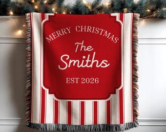 Custom Woven Christmas Blanket with Family Name, Personalized Last Name Throw, Est Date Family Keepsake, First Christmas Married Gift