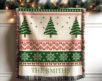 Personalized Family Christmas Blanket, Custom Last Name Woven Blanket, Est Year Family Name Throw, Christmas Gift for Family, Newlywed Gift