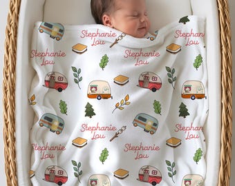 Personalized Hiking Baby Girl Name Blanket, Custom Camping Baby Blanket, Blanket with Baby Name, Camper Minky Blanket, Newborn Gift