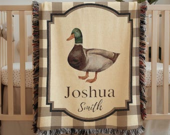 Personalized Mallard Duck Woven Throw Blanket With Name, Hunting Baby Receiving Blanket, Mallard Duck Nursery Decor, Newborn Boy Shower Gift
