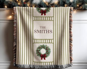 Personalized Blanket Gift for Family Christmas, Holiday Family Name Large Custom Blanket, Woven Xmas Name Blanket, Couple Christmas Monogram