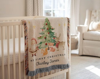 Personalized First Christmas Baby Blanket Christmas Keepsake Blanket for Newborn Woven Blanket for Christmas Gift Santa Blanket with Name