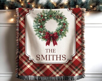 Personalized Family Christmas Blanket, Custom Last Name Woven Blanket, Est Year Family Name Throw, Christmas Gift for Family, Newlywed Gift