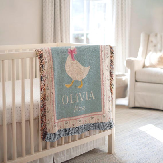 Personalized Baby Girl Floral Goose Woven Baby Blanket, Coquette Nursery Blanket, Custom Name Newborn Keepsake Baby Shower Gift Toddler Gift