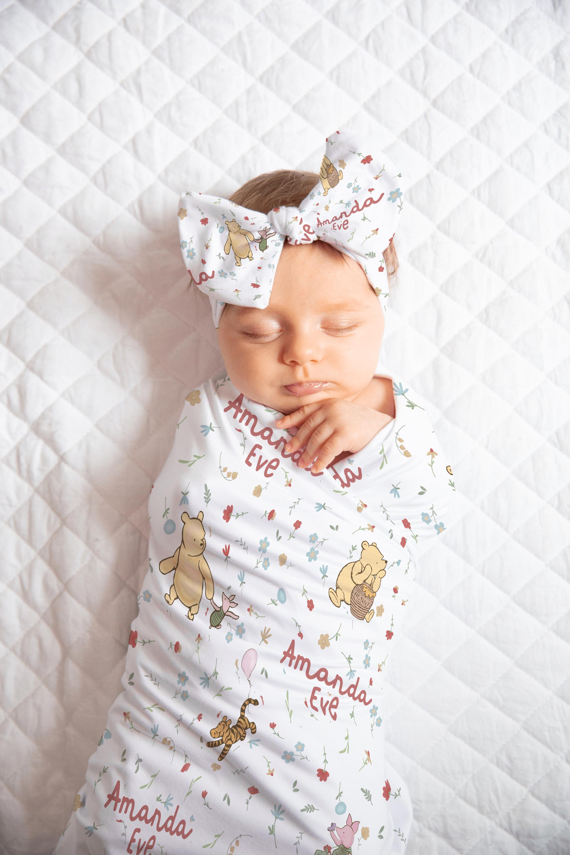 Classic Winnie The Pooh Personalized Baby Name Blanket,Classic Pooh Nursery,Custom Baby Swaddle Headband Set,Custom Blanket Baby Shower Gift