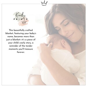 May include: A mother cradles a baby in a soft embrace. The image includes text that reads "Kindly Printz" and describes a personalized baby blanket that becomes a cherished keepsake, a reminder of tender moments.