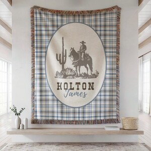 Personalized Cowboy Woven Baby Blanket, Western Cowboy Boys Blanket, Heirloom Blanket, Newborn Name Blanket, Baby Name Blanket, Woven Throw image 2