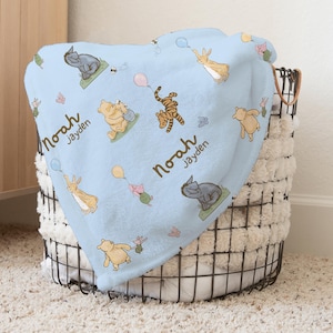 Classic Winnie The Pooh Personalized Baby Name Blanket,Classic Pooh Nursery,Custom Baby Swaddle Headband Set, Blue Blanket Baby Shower Gift