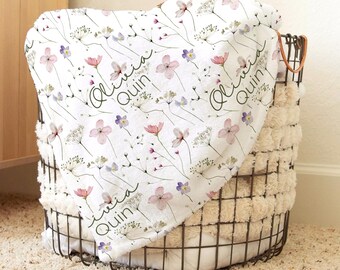 Flower Print Infant Swaddle Girly Baby Blanket Wildflower First Middle Name Girl Floral Newborn Name Swaddle Headband Set Personalized Gift
