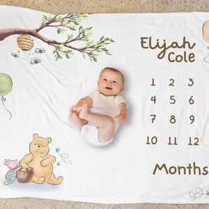 Classic Winnie The Pooh Custom Milestone Blanket, Personalized Monthly Milestone Blanket, Newborn Custom Name Blanket, Personal Baby Gift