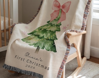 Personalized First Christmas Baby Blanket Christmas Keepsake Blanket for Newborn Woven Blanket for Christmas Gift Santa Blanket with Name