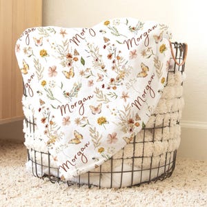 Wildflower Baby girl Custom Swaddle, Personalized baby name newborn blanket, butterfly and floral receiving blanket, swaddle and bow set