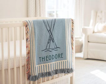 Personalized Ski Baby Blanket, Winter Snowboard Woven Blanket, Christmas Baby Gift Blanket, Apres Ski Nursery Decor, First Christmas Gift