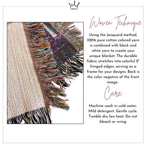 May include: A close-up of a woven blanket with fringed edges. The blanket is made with 100% pure cotton colored yarn and features a colorful fringe. The text on the right describes the weaving technique and care instructions.