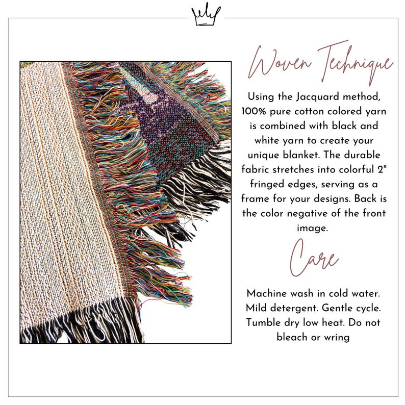 May include: A close-up of a woven blanket with fringed edges. The blanket is made with 100% pure cotton colored yarn and features a colorful fringe. The text on the right describes the weaving technique and care instructions.