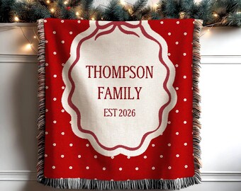 Custom Woven Christmas Blanket with Family Name, Personalized Last Name Throw, Est Date Family Keepsake, First Christmas Married Gift
