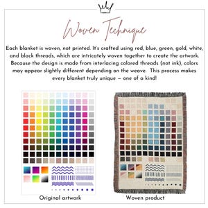 May include: A woven blanket with a colorful square pattern, showcasing the "Woven Technique." The design is created using red, blue, green, gold, white, and black threads. The image also displays the original artwork and the woven product.