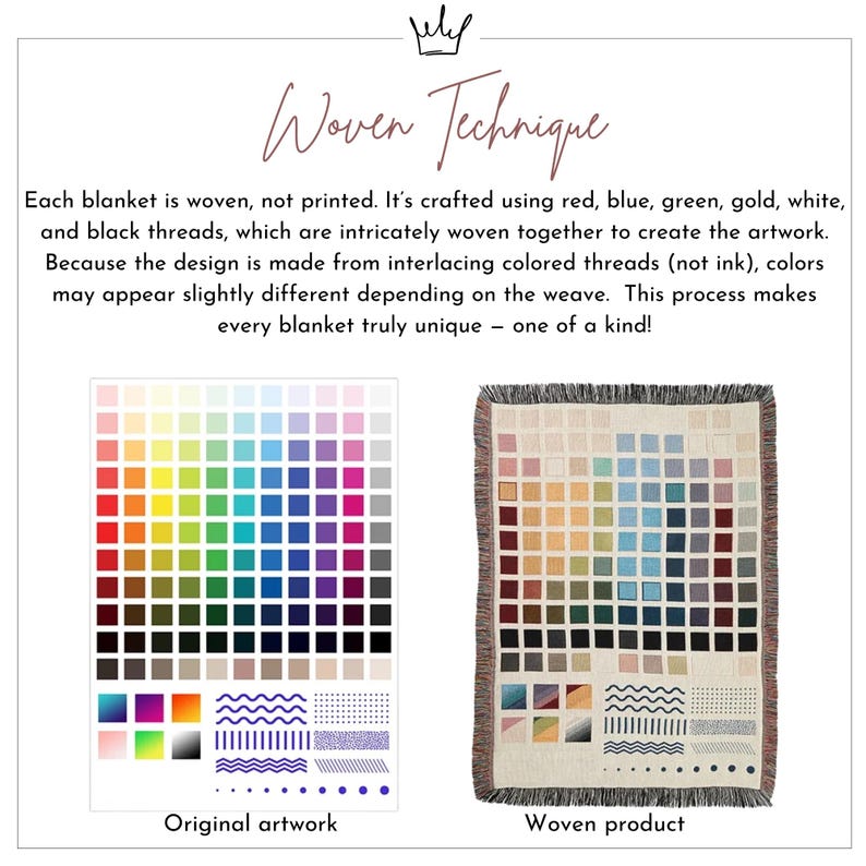 May include: A woven blanket with a colorful square pattern, showcasing the "Woven Technique." The design is created using red, blue, green, gold, white, and black threads. The image also displays the original artwork and the woven product.