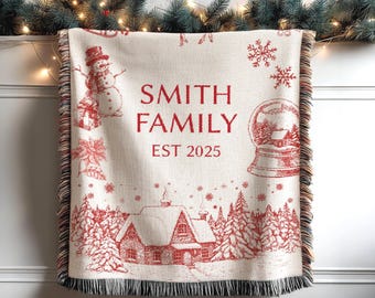 Personalized Blanket Gift for Family Christmas, Holiday Family Name Large Custom Blanket, Woven Xmas Name Blanket, Couple Christmas Monogram