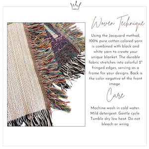 May include: Close-up of a woven blanket with fringed edges. The blanket is made with a Jacquard method using 100% pure cotton colored yarn. The edges have 2-inch fringes. The text on the image says "Woven Technique" and "Care".