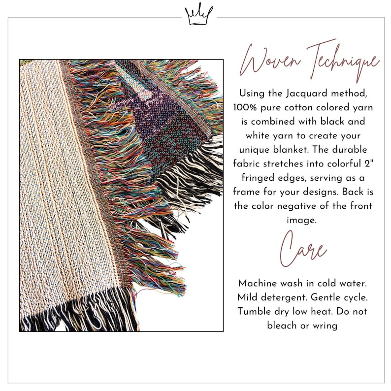 May include: Close-up of a woven blanket with fringed edges. The blanket is made with a Jacquard method using 100% pure cotton colored yarn. The edges have 2-inch fringes. The text on the image says "Woven Technique" and "Care".