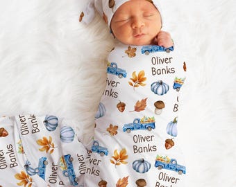 Blue Pumpkin Fall Baby Name Blanket, Baby Boy Name Swaddle, Autumn Swaddle Set, Girl Name Swaddle, Newborn Halloween Personalized Blanket