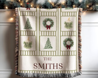 Personalized Blanket Gift for Family Christmas, Holiday Family Name Large Custom Blanket, Woven Xmas Name Blanket, Couple Christmas Monogram