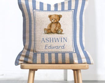 Personalized Woven Teddy Bear Heirloom Baby Name Pillow Custom Newborn Crib Decorative Pillow Newborn Keepsake Personal Nursery Decorations