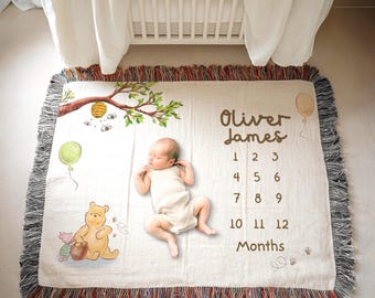 Classic Winnie The Pooh Custom Milestone Woven Blanket, Personalized Monthly Milestone Blanket, Newborn Custom Name Blanket, Baby Gift