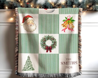 Personalized Family Name Blanket, Christmas Woven Throw with Last Name, Custom Family Gift for Grandparents, Mom, Holiday Housewarming Gift