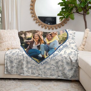 Custom Photo Blanket For Mom Gifts, Personalized Mama Blanket For Mothers Day Gift, Kids Name Blanket, Floral Toile Chinoiserie Blanket