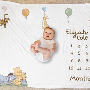 Classic Winnie The Pooh Custom Milestone Blanket, Personalized Monthly Milestone Blanket, Newborn Custom Name Blanket, Personal Baby Gift
