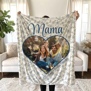 Custom Photo Blanket For Mom Gifts, Personalized Mama Blanket For Mothers Day Gift, Kids Name Blanket, Floral Toile Chinoiserie Blanket
