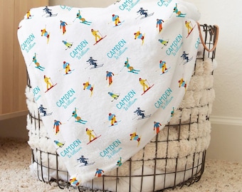 Personalized Winter Skiing Baby Blanket, Ski Holiday Sherpa Throw, Christmas Minky Blanket, Snowy Mountain Nursery, First Christmas Gift