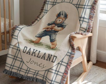 Personalized Vintage Sport Theme Bear Boy Blanket, Football Woven Baby Blanket, Sport Boy Teddy Bear Nursery,Heirloom Newborn Name Blanket