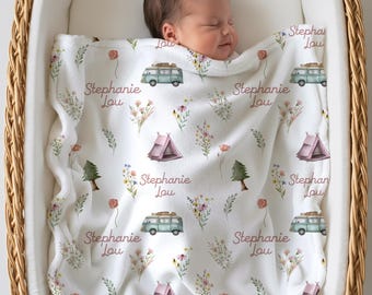 Personalized Hiking Baby Girl Name Blanket, Custom Camping Baby Blanket, Blanket with Baby Name, Wildflower Minky Blanket, Newborn Gift