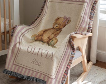 Personalized Woven Teddy Bear Baby Girl Blanket Personalized Bear Blanket Custom Bear Blanket Bear Nursery Blanket Newborn Custom Name Throw