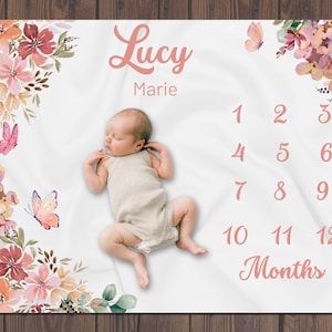 Personalized Wildflower Baby Girl Monthly Milestone Blanket, Floral Newborn Age Month To Month Growth Tracker, Custom Baby Shower Present