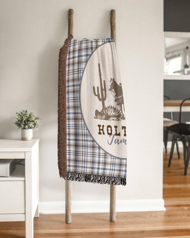 Personalized Cowboy Woven Baby Blanket, Western Cowboy Boys Blanket, Heirloom Blanket, Newborn Name Blanket, Baby Name Blanket, Woven Throw image 4