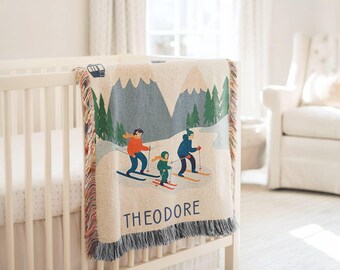 Personalized Ski Baby Blanket, Winter Sport Woven Blanket, Christmas Baby Gift Blanket, Apres Ski Nursery Decor, First Christmas Gift