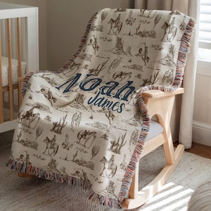 Personalized Cowboy Woven Baby Blanket, Western Cowboy Boys Blanket, Heirloom Blanket, Newborn Name Blanket, Baby Name Blanket, Woven Throw