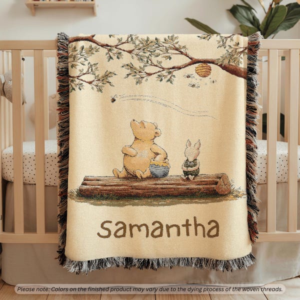 Personalized Winnie the Pooh Woven Baby Blanket, Custom Baby Blanket with name, Classic Pooh Nursery Decor, Newborn Name Blanket Shower Gift