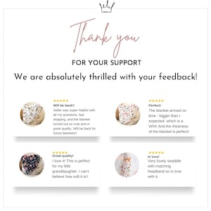 May include: A graphic with the words "Thank you" and "For your support". It includes customer feedback about blankets and swaddles, with phrases like "Will be back!" and "Great quality!"