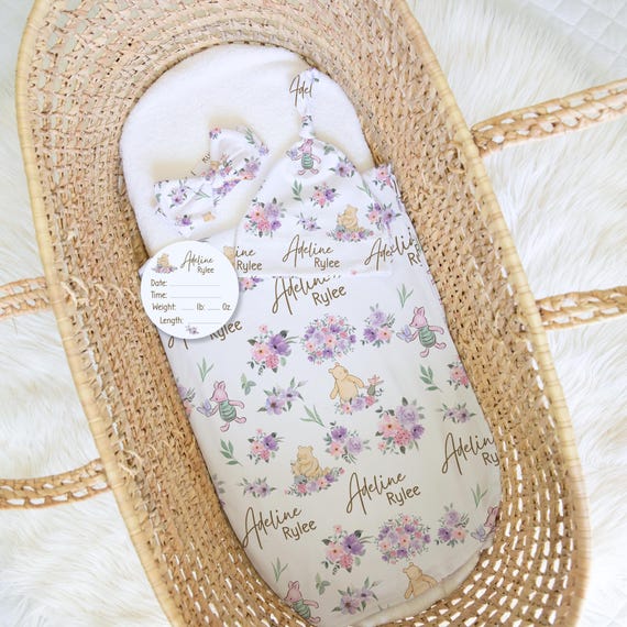 Classic Winnie The Pooh Baby Name Swaddle Hat Headband Personalized Newborn Baby Girl Coming Home Receiving Blanket Name Announcement Sign