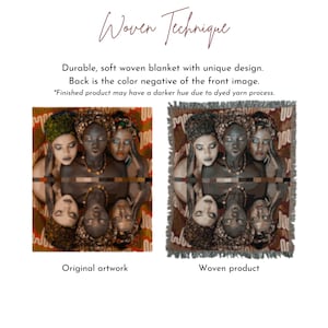 May include: A woven blanket featuring a unique design with three women. The original artwork is shown next to the woven product. The text "Woven Technique" is at the top of the image.
